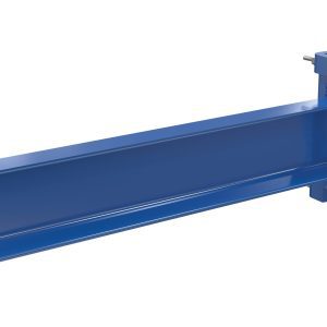 The Vestil Cantilever Straight Arm No Lip 24 In features a rectangular design with two clamps and bolt fixtures. This blue steel arm extends horizontally from vertical clamps, boasting a smooth metallic finish.