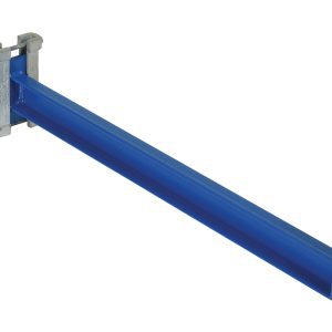 The Vestil Cantilever Straight Arm W/Lip 24 In is a blue metal beam bracket with a T-shaped end, perfect for industrial shelving or support. Its metallic clamp ensures heavy-duty performance, and the white background highlights its robust design.