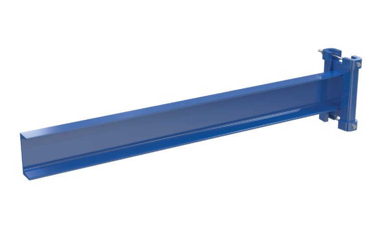 A 36-inch blue metal beam resembles a Vestil Cantilever Straight Arm No Lip, extending outward with a mounting bracket on one end. Its glossy, smooth surface suggests support or structural use.