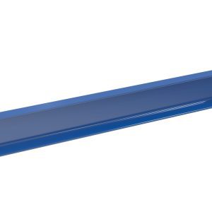 A 36-inch blue metal beam resembles a Vestil Cantilever Straight Arm No Lip, extending outward with a mounting bracket on one end. Its glossy, smooth surface suggests support or structural use.