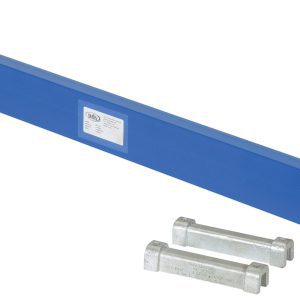 A Vestil Cantilever Straight Arm W/Lip 48 In, long and blue, has a small center label. Nearby are two silver metal blocks, and a bolt extends perpendicularly from one end of the beam.