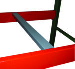 A Vestil Pallet Support Bar 1K, 1.5 inches high, is placed between horizontal red beams on a shelving unit with vertical green posts, creating a storage rack against a white background.