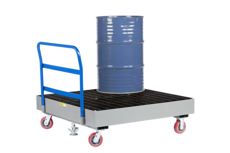 A blue metal barrel sits on a Little Giant 4-Drum Spill Control Cart with a gray wheeled platform. It features a floor lock system, red caster wheels, a blue handle, and a grated surface with a small yellow label for spill control.
