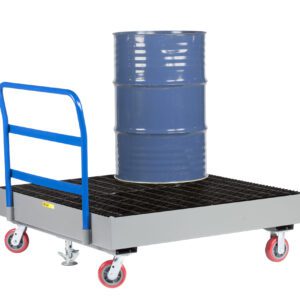 A blue metal barrel sits on a Little Giant 4-Drum Spill Control Cart with a gray wheeled platform. It features a floor lock system, red caster wheels, a blue handle, and a grated surface with a small yellow label for spill control.