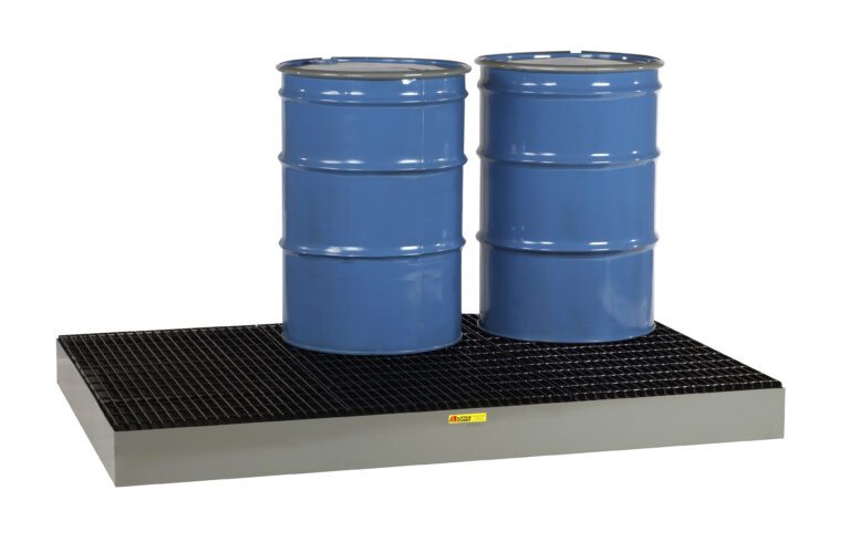 Two blue industrial barrels are positioned on a Little Giant Low Profile Spill Control Platform, designed from sturdy black metal, providing robust spill containment. This rectangular raised platform ensures safety and environmental protection.