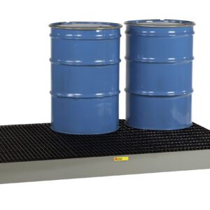 Two blue industrial barrels are positioned on a Little Giant Low Profile Spill Control Platform, designed from sturdy black metal, providing robust spill containment. This rectangular raised platform ensures safety and environmental protection.