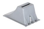 The Vestil Cast Steel Slope Wheel Chock 15.5 X 8.75 is a metallic, wedge-shaped chock with a slotted top, grooved base, and smooth angled slope on one side. It offers optimal stability and security in sleek gray.