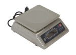 The Vestil Stainless Steel Parts Scale 13 Lb Cap features a sleek silver design, a digital display, control buttons, and a waterproof, flat square platform. Its attached power cord ensures precise measurements and reliable functionality for various items.