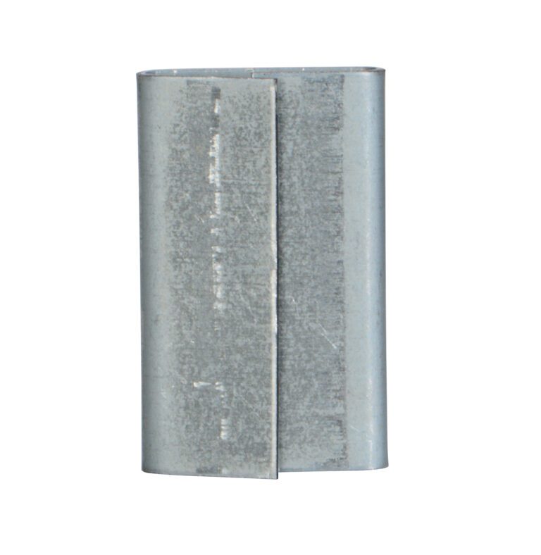 The metal cylindrical object, resembling Vestil Steel Strapping Seals 1/2 In, has a textured surface with a vertical seam, indicating its possible use as a sleeve or coupling.