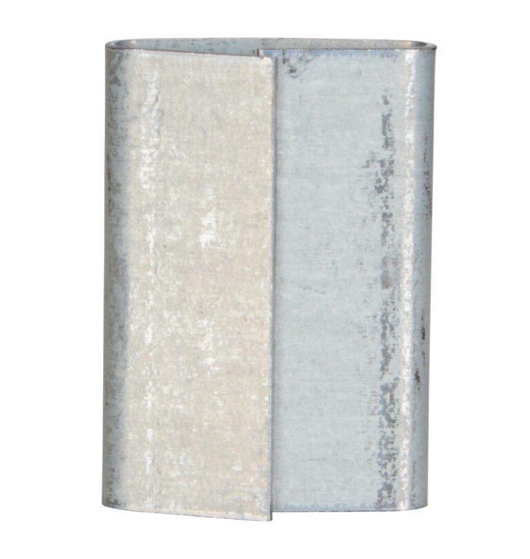 A detailed view of a silver, rectangular metal sleeve connector resembling Vestil Steel Strapping Seals 5/8 In, featuring a smooth, subtly reflective surface with visible seams. Light wear and tarnishing provide texture.