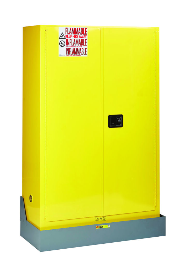 Yellow safety cabinet labeled Flammable and Keep Fire Away, with two doors, a black handle, and a gray base. Perfect for safe storage of hazardous materials. Pair it with the Little Giant Spill Control Platform for Cabinets to enhance protection.