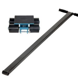 The Vestil Nylon Machinery Skates 3 Ton 4 Rollers have a black metal frame, four smooth rollers, and a long black handle with rubber grips, allowing for effortless maneuvering of large equipment.