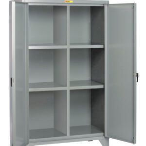 The Little Giant Two Shift Storage Cabinet boasts a large, metallic build with two open doors and six shelves, perfect for efficiently organizing supplies. Its gray industrial style enhances functionality in any setting.