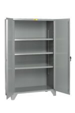 The Little Giant High Capacity Storage Cabinet is a spacious gray metal unit featuring two open doors and three adjustable shelves. Its sturdy design ensures stability on any flat surface, making it perfect for office or industrial storage.