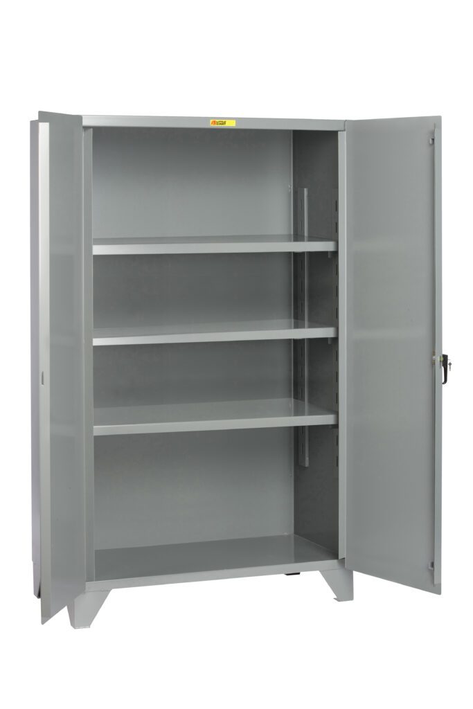 The Little Giant High Capacity Storage Cabinet is a spacious gray metal unit featuring two open doors and three adjustable shelves. Its sturdy design ensures stability on any flat surface, making it perfect for office or industrial storage.