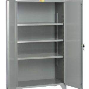 The Little Giant High Capacity Storage Cabinet is a spacious gray metal unit featuring two open doors and three adjustable shelves. Its sturdy design ensures stability on any flat surface, making it perfect for office or industrial storage.