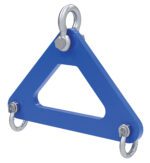 The Vestil Short Span Lifting Plate, in a blue triangular design, has a 20K capacity and a 24-inch width. It includes corner metal loops, a central cutout, and a large top hook for robust hoisting support.