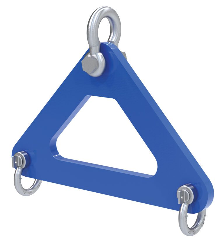 SSLP-200-2_A.jpg The Vestil Short Span Lifting Plate, in a blue triangular design, has a 20K capacity and a 24-inch width. It includes corner metal loops, a central cutout, and a large top hook for robust hoisting support.