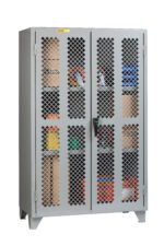 A gray Little Giant High Visibility Storage Cabinet with mesh doors showcases containers and spray cans inside. Featuring a latch handle on the right door, it stands gracefully on four tapered legs.