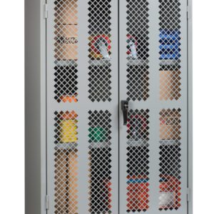 A gray Little Giant High Visibility Storage Cabinet with mesh doors showcases containers and spray cans inside. Featuring a latch handle on the right door, it stands gracefully on four tapered legs.