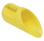 The yellow plastic scoop from the Vestil Salt Scoops 12 Per Box collection has a top handle for easy grip, an oval shape with a wide mouth for scooping sand or grains, and a smooth, slightly glossy surface for enhanced functionality.