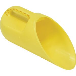 The yellow plastic scoop from the Vestil Salt Scoops 12 Per Box collection has a top handle for easy grip, an oval shape with a wide mouth for scooping sand or grains, and a smooth, slightly glossy surface for enhanced functionality.