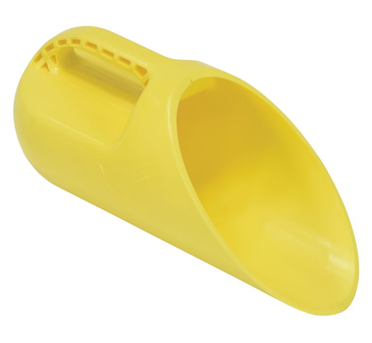 The yellow plastic scoop from the Vestil Salt Scoops 12 Per Box collection has a top handle for easy grip, an oval shape with a wide mouth for scooping sand or grains, and a smooth, slightly glossy surface for enhanced functionality.