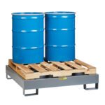Two large blue metal barrels are positioned upright on a robust wooden pallet, securely resting on a gray Little Giant Spill-Control Platform with pallet supports, designed for efficient storage or transport.