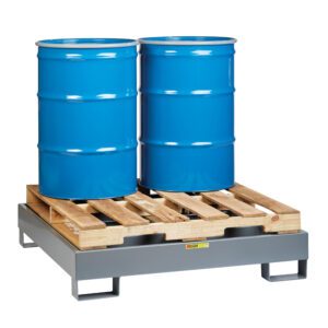Two large blue metal barrels are positioned upright on a robust wooden pallet, securely resting on a gray Little Giant Spill-Control Platform with pallet supports, designed for efficient storage or transport.