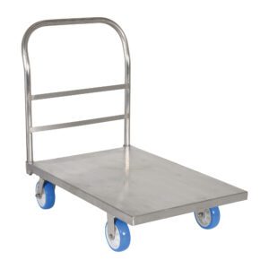 The Vestil Platform Truck Stainless Steel 24X36 features a sturdy handle and four blue wheels. Empty against a pristine white background, it showcases its sleek design and durable construction.