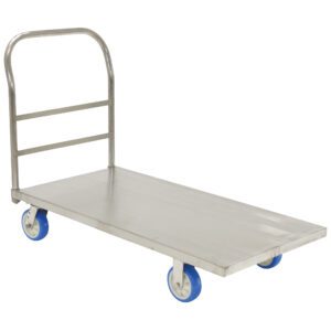 The Vestil Platform Truck Stainless Steel 24X48 features a robust stainless steel frame and handle, with four blue wheels. It stands empty against a white background, designed for strength and durability in various settings.