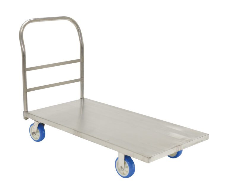 SSPT-2448_A.jpg The Vestil Platform Truck Stainless Steel 24X48 features a robust stainless steel frame and handle, with four blue wheels. It stands empty against a white background, designed for strength and durability in various settings.