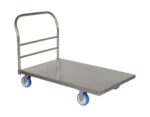 The Vestil Platform Truck Stainless Steel 30X48 features a sturdy stainless steel frame and handle, offering durability and a sleek look. Its flat 30X48 base with four blue wheels is ideal for heavy item transport, while the handle includes two horizontal bars for easy gripping.