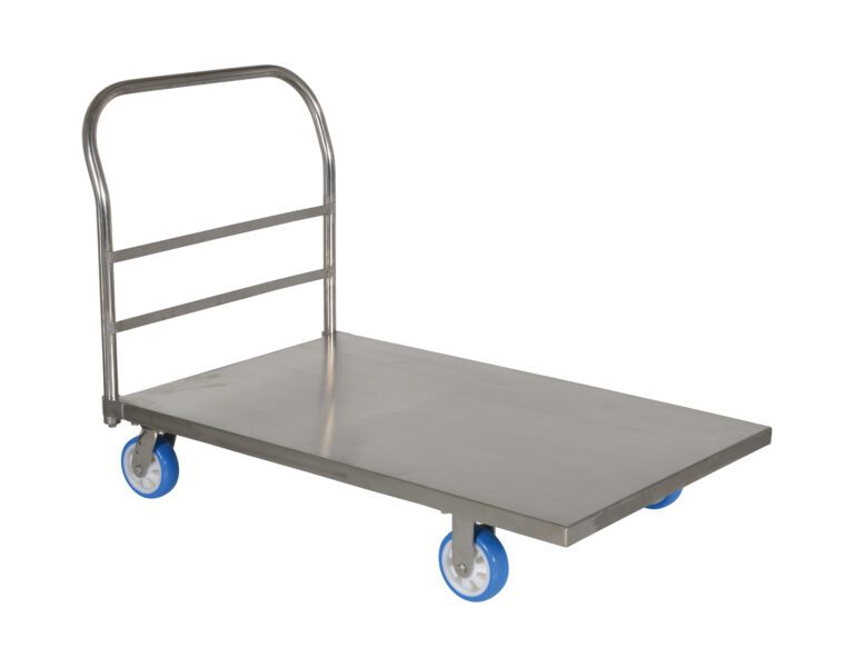 SSPT-3048_A.jpg The Vestil Platform Truck Stainless Steel 30X48 features a sturdy stainless steel frame and handle, offering durability and a sleek look. Its flat 30X48 base with four blue wheels is ideal for heavy item transport, while the handle includes two horizontal bars for easy gripping.