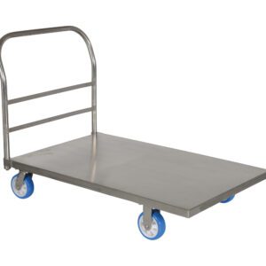 The Vestil Platform Truck Stainless Steel 30X48 features a sturdy stainless steel frame and handle, offering durability and a sleek look. Its flat 30X48 base with four blue wheels is ideal for heavy item transport, while the handle includes two horizontal bars for easy gripping.
