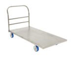 The Vestil Platform Truck Stainless Steel 30X60 is a flatbed trolley with a robust stainless steel frame and four blue wheels. It measures 30x60 inches, features a handle for easy maneuvering, and offers a flat surface perfect for transporting items with its simple, utilitarian design.