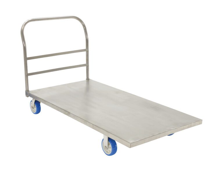 SSPT-3060_A.jpg The Vestil Platform Truck Stainless Steel 30X60 is a flatbed trolley with a robust stainless steel frame and four blue wheels. It measures 30x60 inches, features a handle for easy maneuvering, and offers a flat surface perfect for transporting items with its simple, utilitarian design.