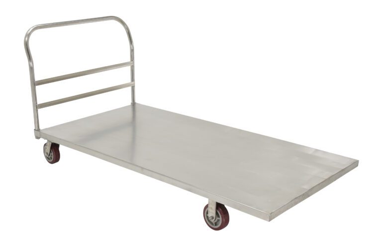 The Vestil Platform Truck Stainless Steel 36X72 boasts a large silver flatbed with a handle and four red caster wheels. Its angled design enhances the reflective metal, offering both durability and style for any task.
