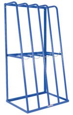 The blue Vestil Storage Rack 36 L X 92 H is a durable metal industrial rack with four slanted supports ideal for large cylinders, features safety chains for security, and provides stability and easy access with its open design.
