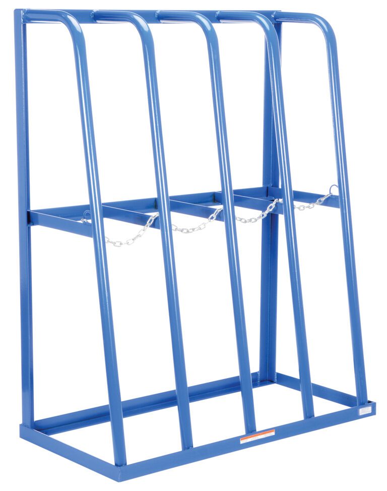 SSRT-47_A.jpg The Vestil Storage Rack 24 L X 60.875 H is a stylish blue metal rack with four vertical compartments and chain supports, designed to securely hold gas cylinders upright on its rectangular base while seamlessly blending functionality and style.
