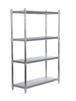 The Vestil Stainless Steel Shelving 48 x 18 In features a simple design with four adjustable shelves and a durable metal frame, all presented on a plain white background for a clean look.