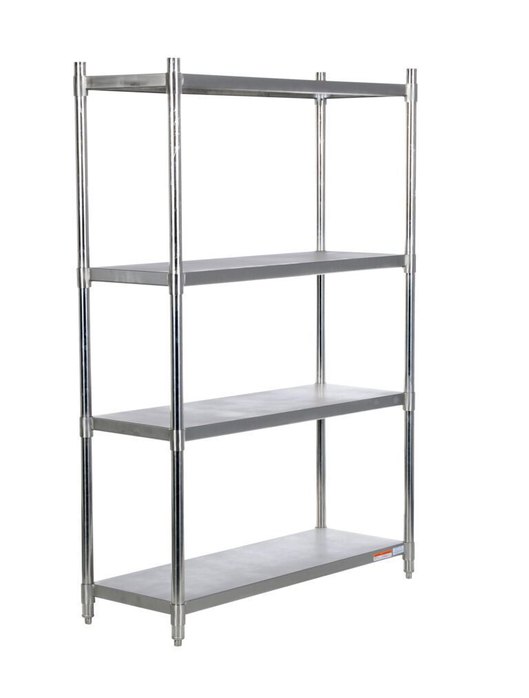 SSS-1848_A.jpg The Vestil Stainless Steel Shelving 48 x 18 In features a simple design with four adjustable shelves and a durable metal frame, all presented on a plain white background for a clean look.