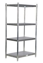 The Vestil Stainless Steel Shelving 36 x 24 In features four adjustable shelves supported by sturdy metal posts. Its sleek, functional design suits diverse storage needs and is showcased empty against a pristine white background.