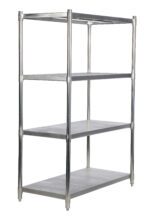 The Vestil Stainless Steel Shelving 48 x 24 In boasts a strong frame and four adjustable shelves for efficient organization and storage, all set against a simple white background.