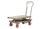 The Vestil Stainless Steel Scissor Cart 1000 Lbs, featuring a hydraulic lift and four red wheels, has a flat surface for transporting up to 1000 lbs. Its sturdy metal handle ensures functionality while its durable stainless steel construction guarantees longevity.