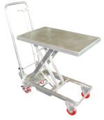 The Vestil Stainless Steel Scissor Cart 200 Lbs is an industrial marvel with a hydraulic lift table, visible scissor mechanism, four red caster wheels, and a 200 lbs capacity, blending functionality with sleek design for seamless use.