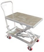 The Vestil Stainless Steel Scissor Cart 400 Lbs includes a flat metallic lift table with a handle, supporting up to 400 lbs. It features a hydraulic mechanism and four red wheels for effortless mobility.