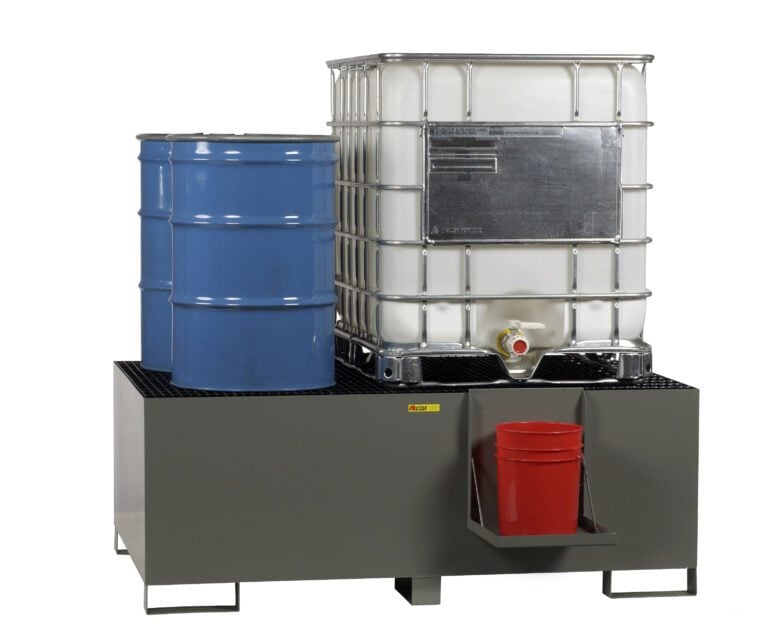 A blue drum and a large white IBC container sit on a gray Little Giant IBC Containment & Dispensing Station, with a red bucket neatly placed on the lower shelf.