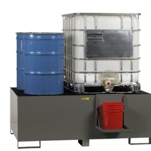 A blue drum and a large white IBC container sit on a gray Little Giant IBC Containment & Dispensing Station, with a red bucket neatly placed on the lower shelf.