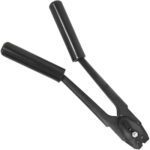 The MH-USA 1/2 Double Notch Steel Strapping Sealer is a black manual crimping tool with two sturdy handles and a metal head, positioned diagonally on a white background. Its extended handles emphasize its robust design.